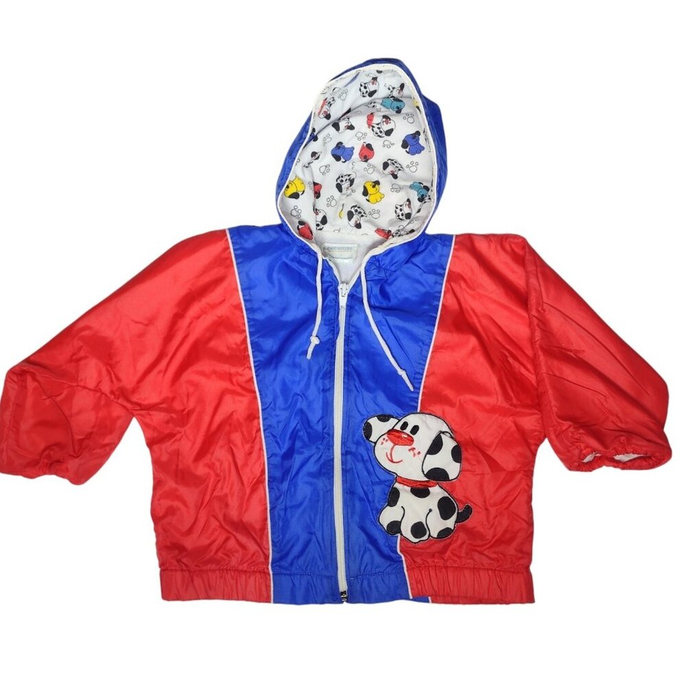 Vtg Mothercare Colorblock Hooded Dog Jacket Kids 4 Zip Nylon Lined Lightweight